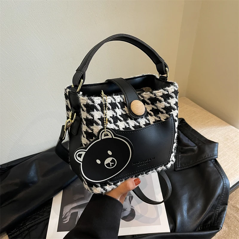 

Small Crossbody Bag For Women Vintage Houndstooth Shoulder Bag Brand Designer Women Bags Luxury PU Leather Bag Bucket Handbag