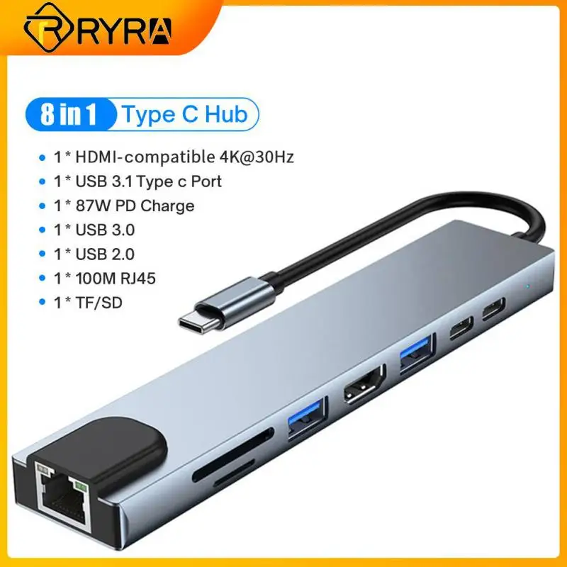 

USB-концентратор RYRA 8 в 1 с Type C 3,1 на 4K адаптер с кардридером RJ45 SD/TF PD Быстрая зарядка для MacBook, ноутбука, компьютера