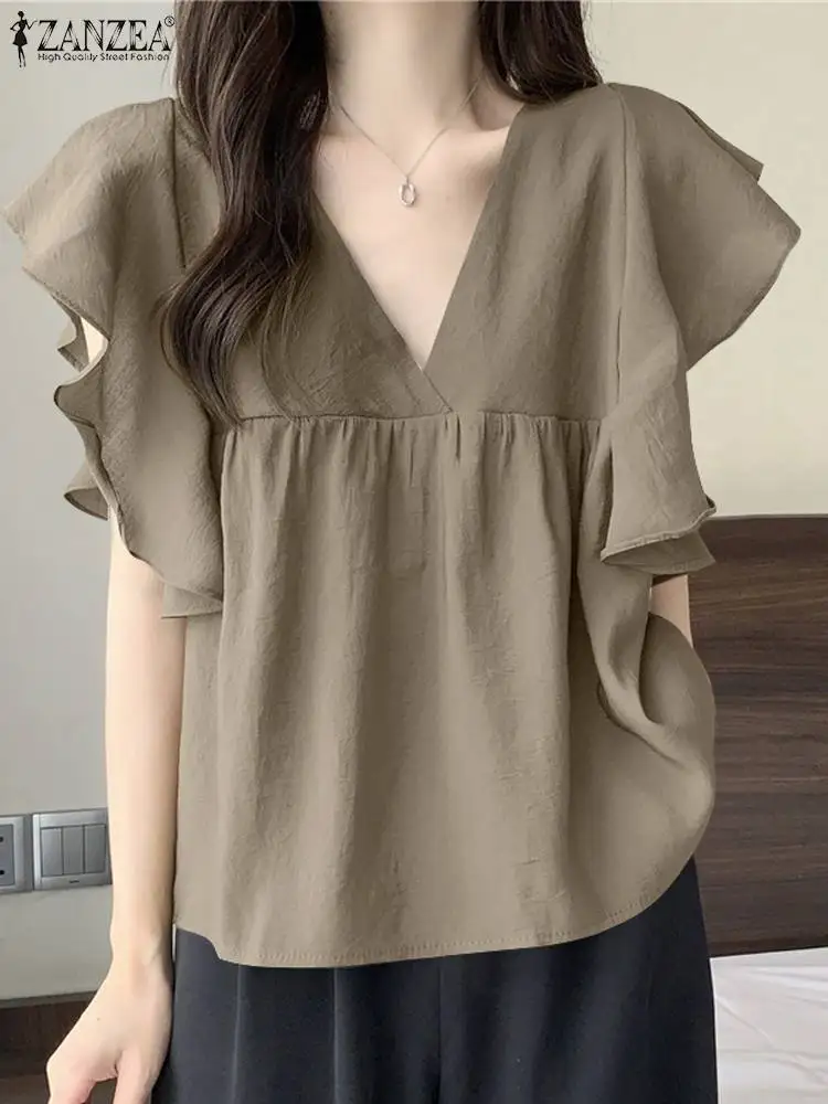 

Лето 2023, женские топы с оборками, Элегантная блузка, Повседневная офисная футболка, Модные свободные однотонные рубашки, Женская Туника ZANZEA,...