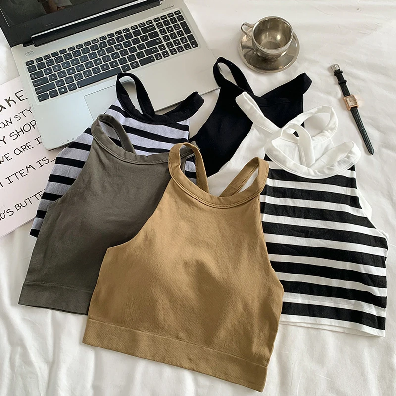 

Женский укороченный топ без рукавов, однотонный Повседневный Топ в полоску с нагрудной подушечкой, базовая майка в Корейском стиле