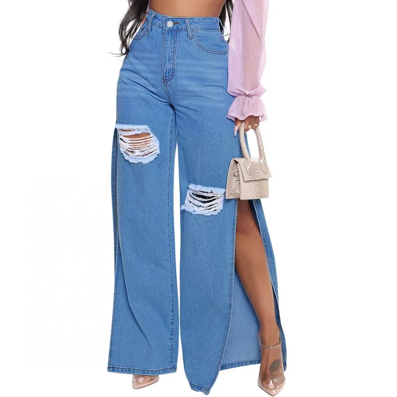 Sexy Hole Jeans Women Stretch Split Wide Leg Denim Flare Long Pants Spring Autumn New High Street 2022 Blue Ladies Fashion Club