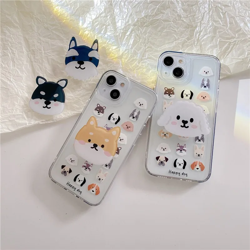 

Cute Cartoon Animal Clear 3d Pet Dog Folding Stand Couple's Soft Case For Iphone 11 12 13 Pro Max X Xs Xr Anti-drop Cover Fundas