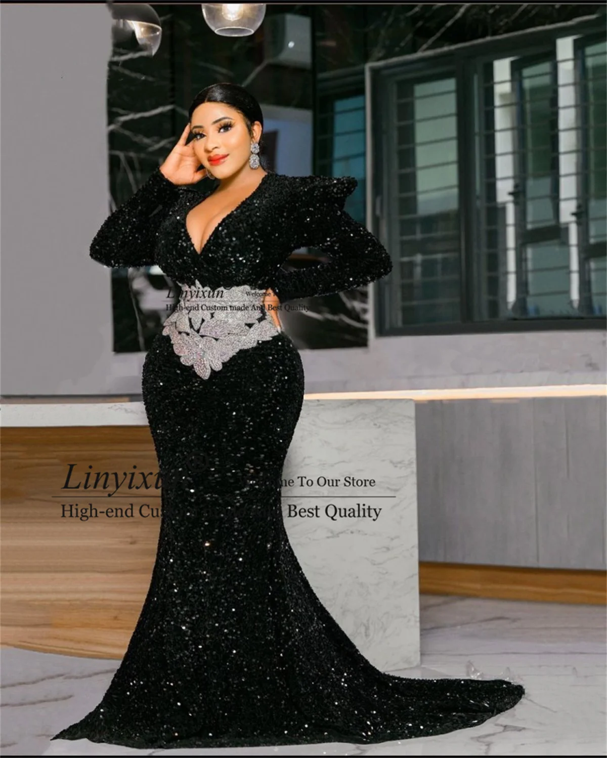 

Sexy Deep V Neck Mermaid Prom Dresses Sequins Appliques Lace For Women Black Evening Party Gowns 2022 robe de soirée de mariage