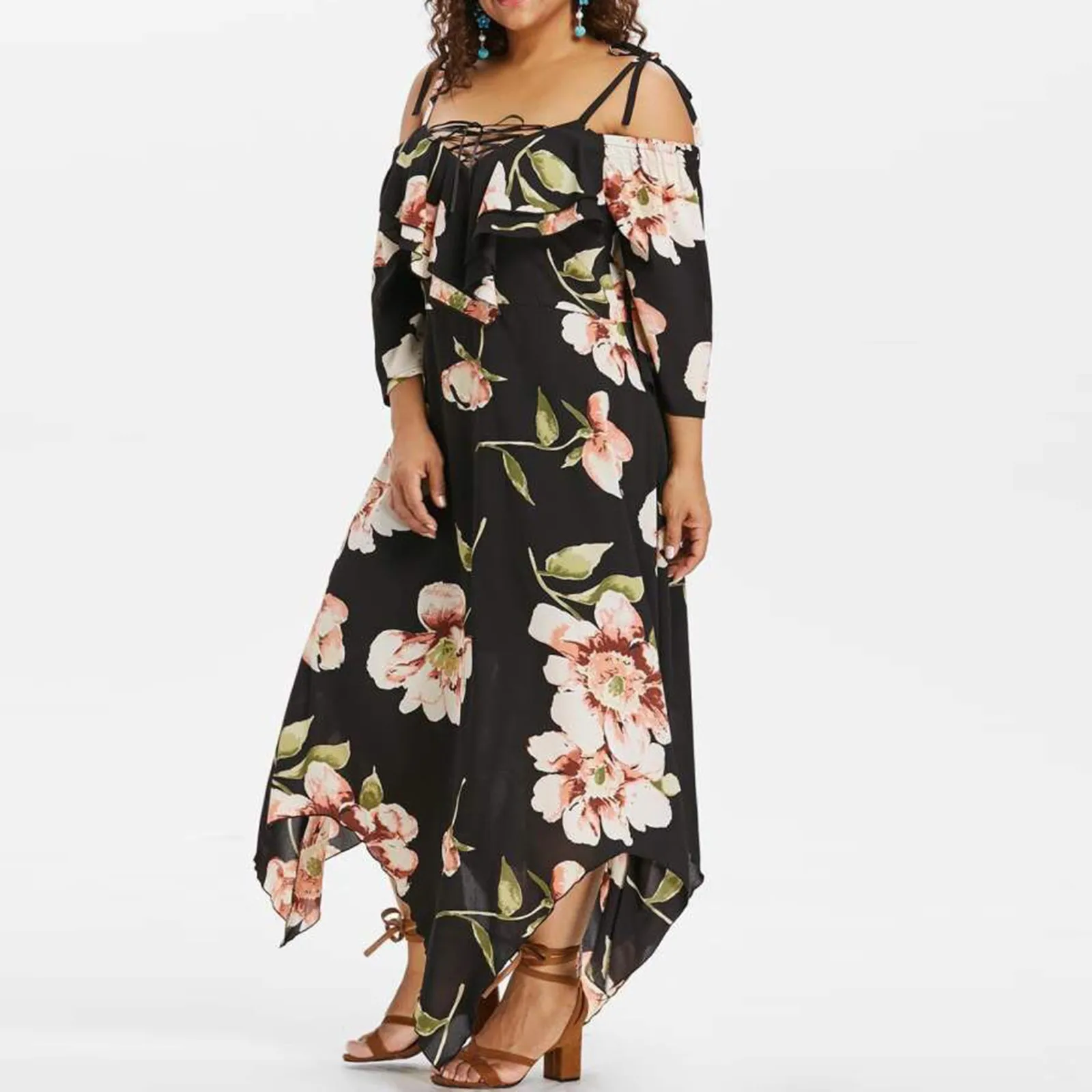 

Женское платье макси с цветочным принтом, размера плюс платья для женщин, Повседневное платье с коротким рукавом и открытыми плечами Boho Vestidos, свободное платье Harajuku Femme