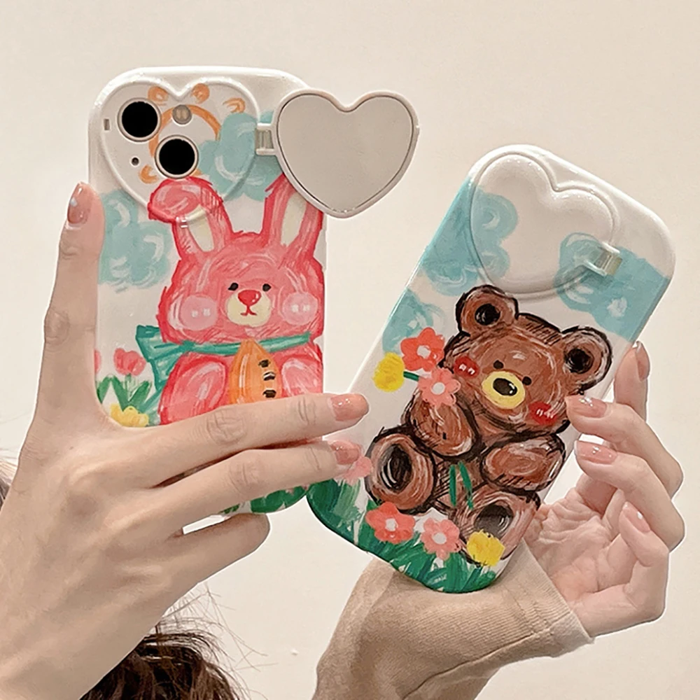 

Cute Rabbit Cartoon Bear Mirror Camera Lens Protective Phone Case For Iphone 12 11 13 Pro XR XS MAX Shockproof Soft Back Cover