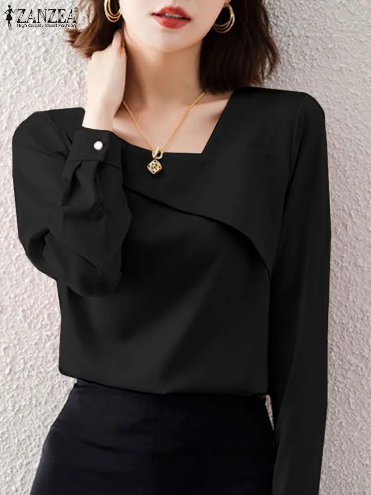 

ZANZEA Autumn Office Shirts Elegant Casual Solid Tops Fashion Blouse Irregular Neckline Full Sleeve V-Neck Button Cuffs Shirt