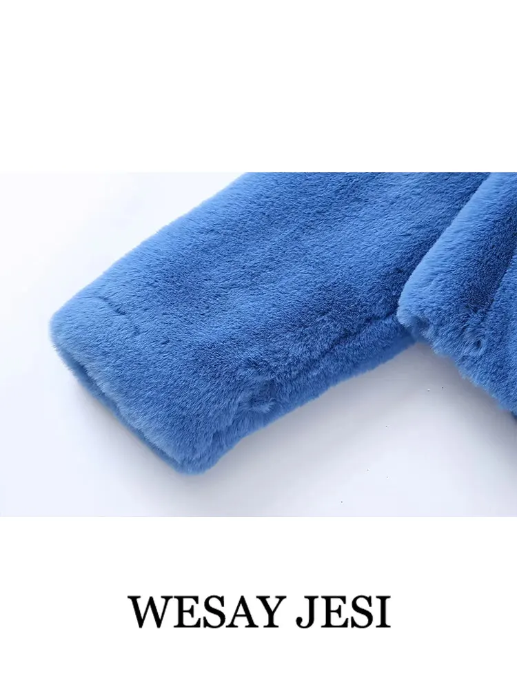 WESAY JESI Women's Winter Clothing Blue Faux Fur Lapel Cropped Jacket Long Sleeve Warm Loose Coats Female Casual Chic Outerwear