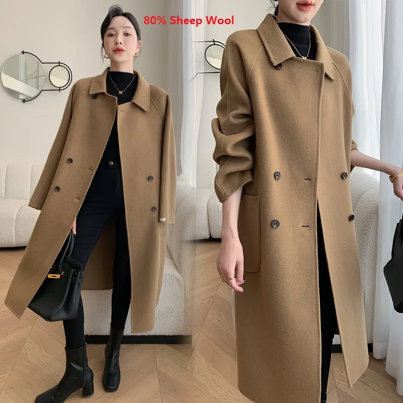 

High-end 80% Sheep Wool Overcoat Autumn & Winter Double-sides Woolen Trench Coat Ladies Double Breasted Wool Long Coat