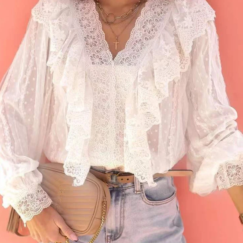 

Fashion Embroidery Patchwork Ruffle Blouses Autumn Elegant Lantern Sleeve V-Neck Loose Shirt Women Casual Commuter Solid Blouse