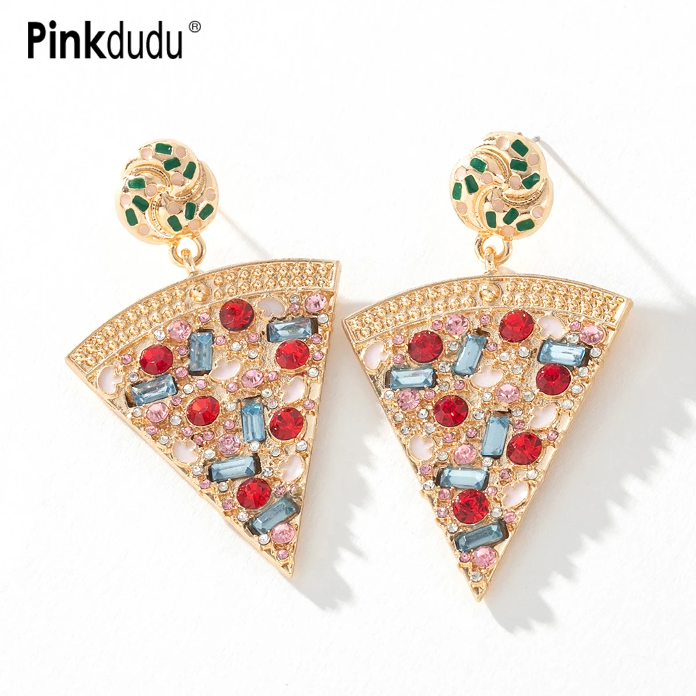 

Pinkdudu Fashion Color Rhinestone Pizza Dangle Earrings Retro Geometric Alloy Drop Glaze Earrings for Women Jewelry PD695