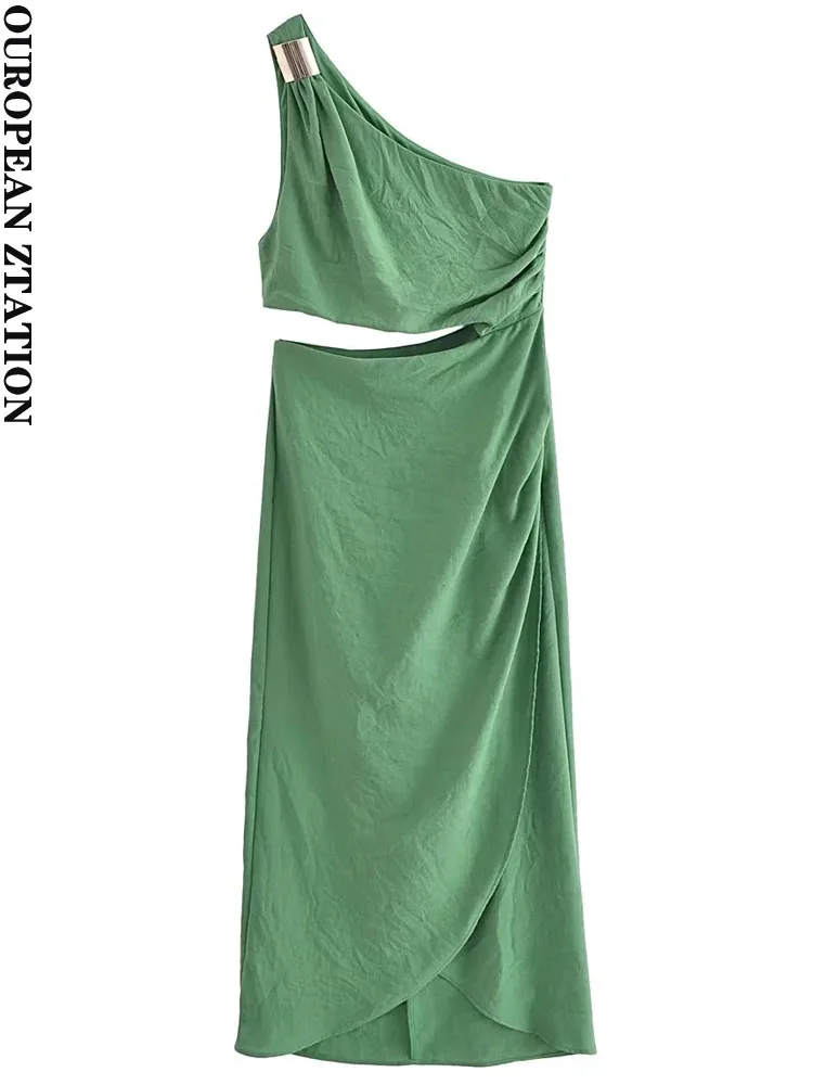 

PAILETE Women 2023 fashion cut-out gathered midi dress vintage backless asymmetri cneck side zip female dresses vestidos mujer