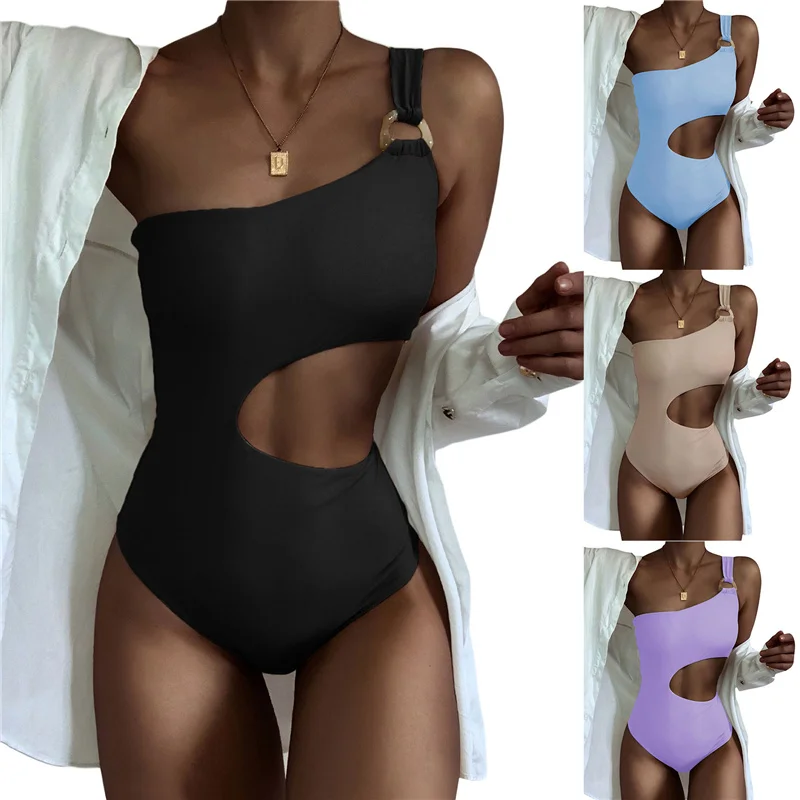 

Женский летний Облегающий комбинезон, купальник, однотонный купальный костюм на одно плечо с вырезами