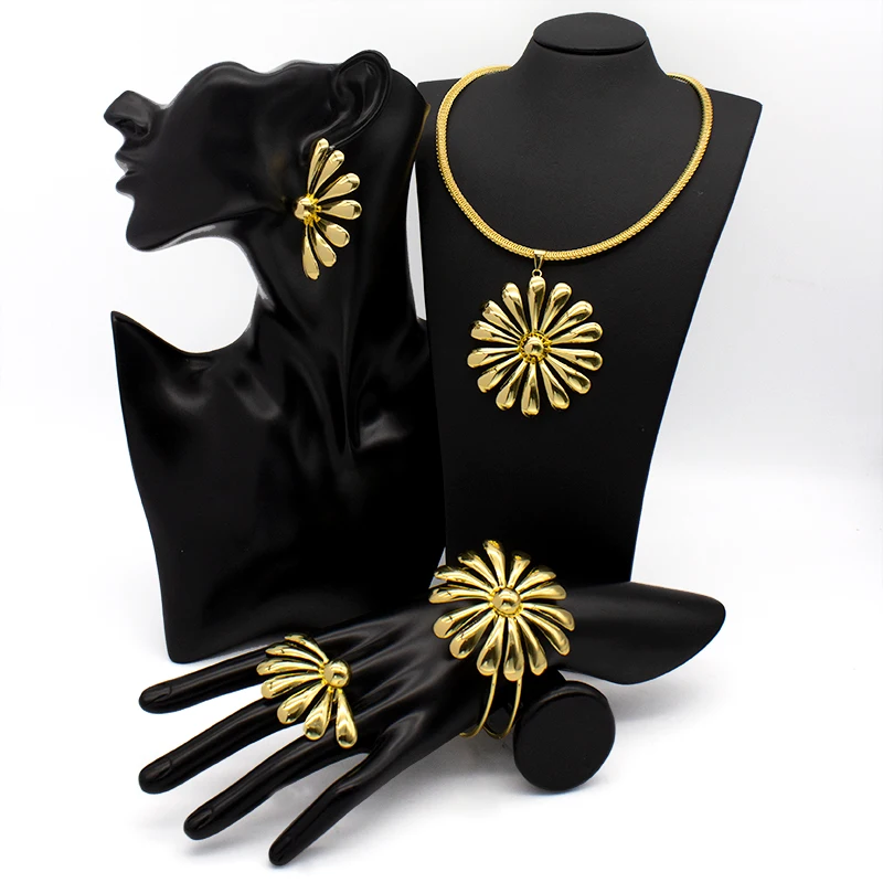 

Fashion Jewelry Set For Women Bohemian Flower Earrings Pendant Bangle Rings Necklace Sets For African Dubai Bridal Wedding