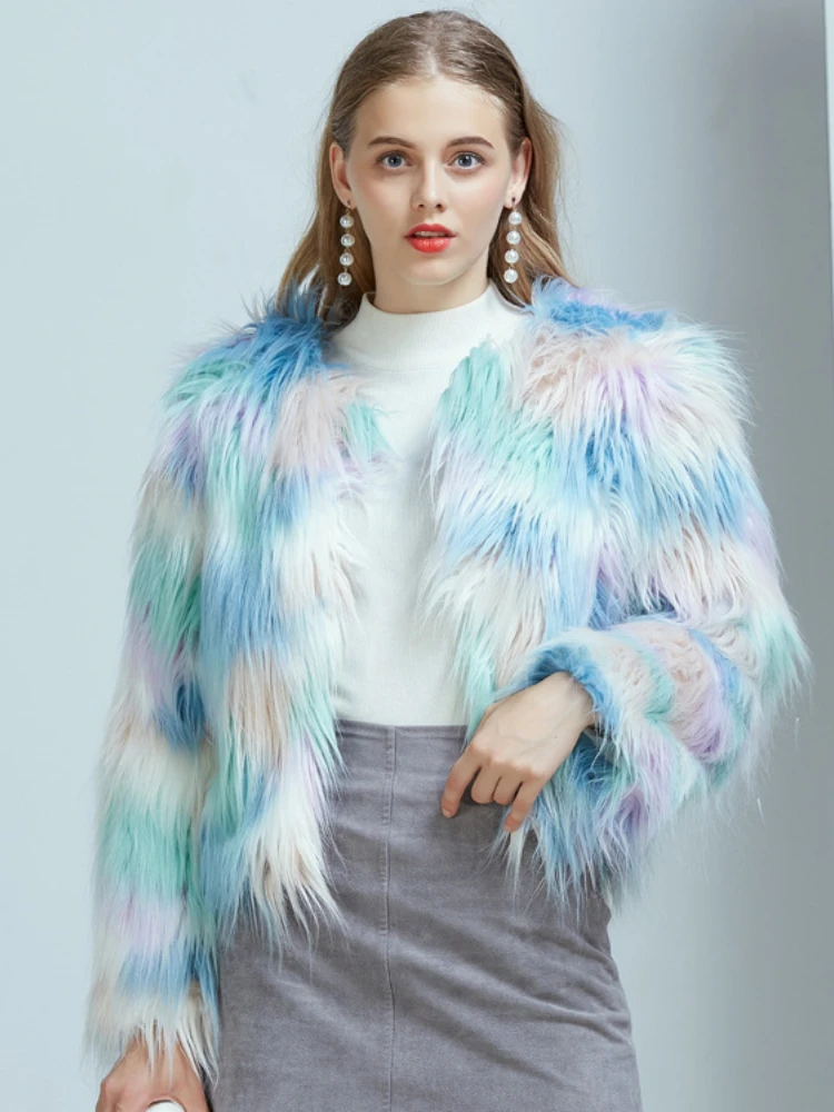 Fashion Blue Ice Cream Macaron Color Faux Fur Coats Women 2022 Winter Warm Plush Cardigan Ladies Office Outwear Fluffy Jackets