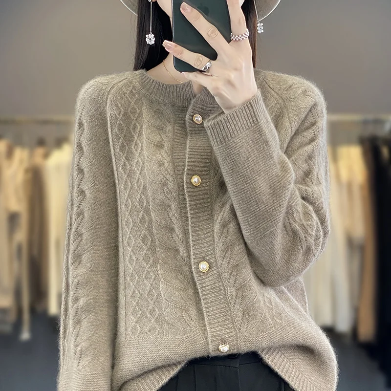 Осень-зима новый женский свитер 100% кашемир Merino кардиган с круглым вырезом модная