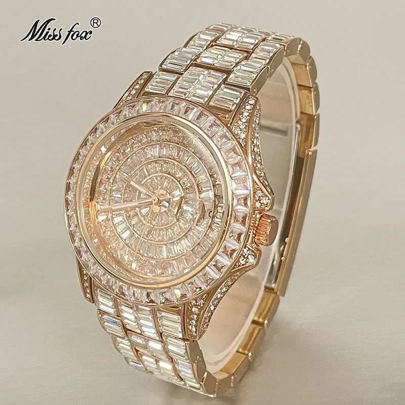 Hip Hop Brand MISSFOX Round Men Watch High Quality Rose Gold Wristwatch Luxury Diamond Waterproof  Auto Date Colck Free Shipping