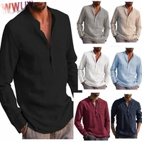 autumn cotton linen hot sale mens long sleeved shirts summer spring loose soft solid color stand up collar casual beach style
