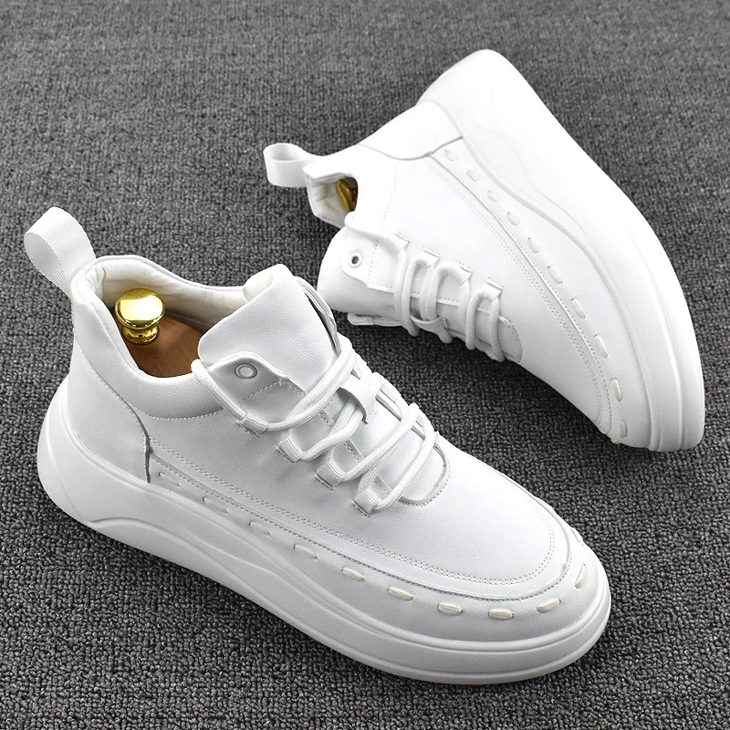 

Korean style men boots casual flat white shoes brand designer platform ankle boot breathable youth street original leather botas