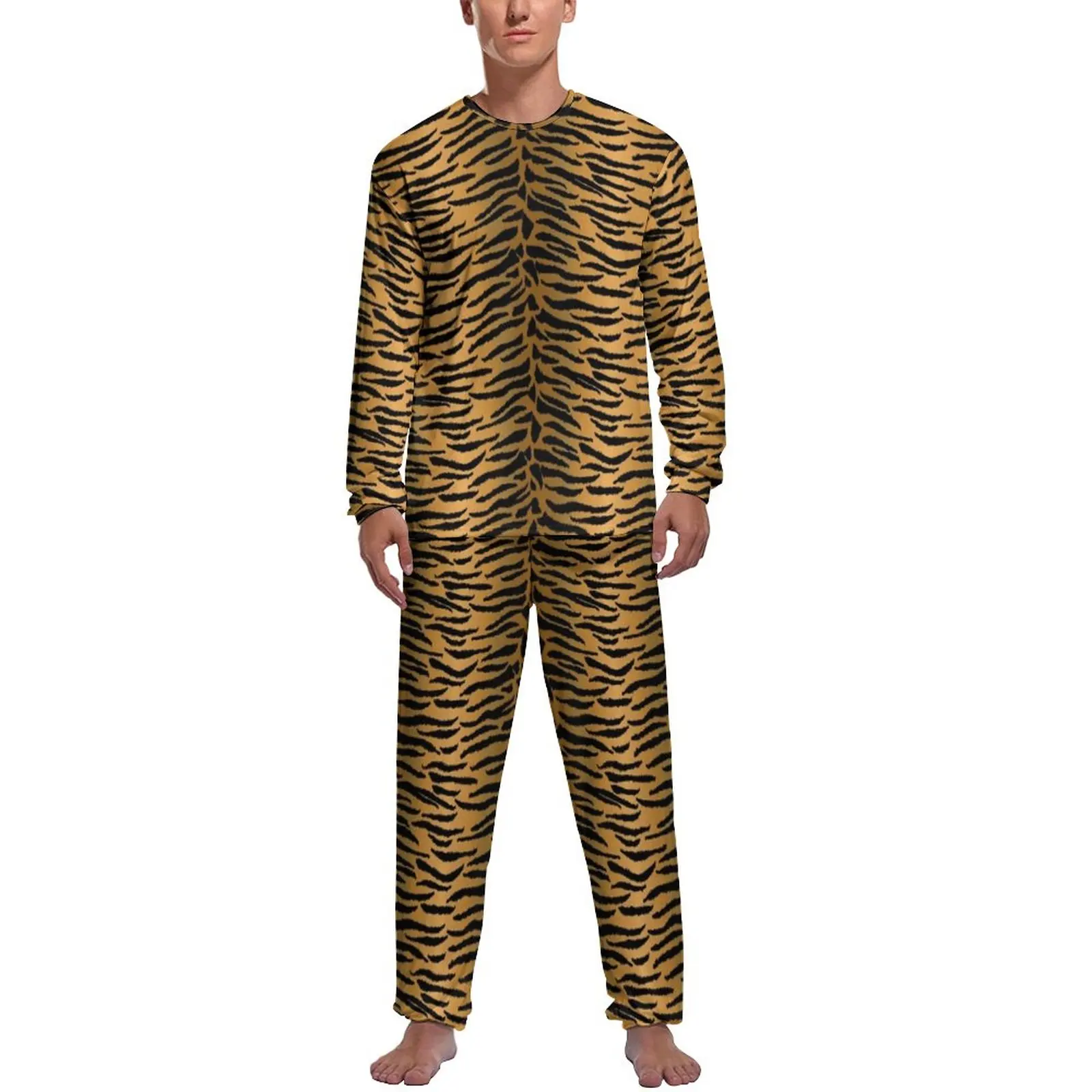 Golden Tiger Print Pajamas Spring Animal Skin Casual Nightwear Man 2 Pieces Design Long Sleeves Retro Pajamas Set