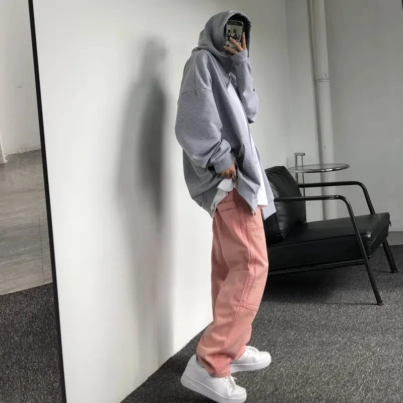 Korean Version Fashion Personality Street Loose High Waist All-Match Men Straight Pants Light Pink Washed Denim Casual Trousers