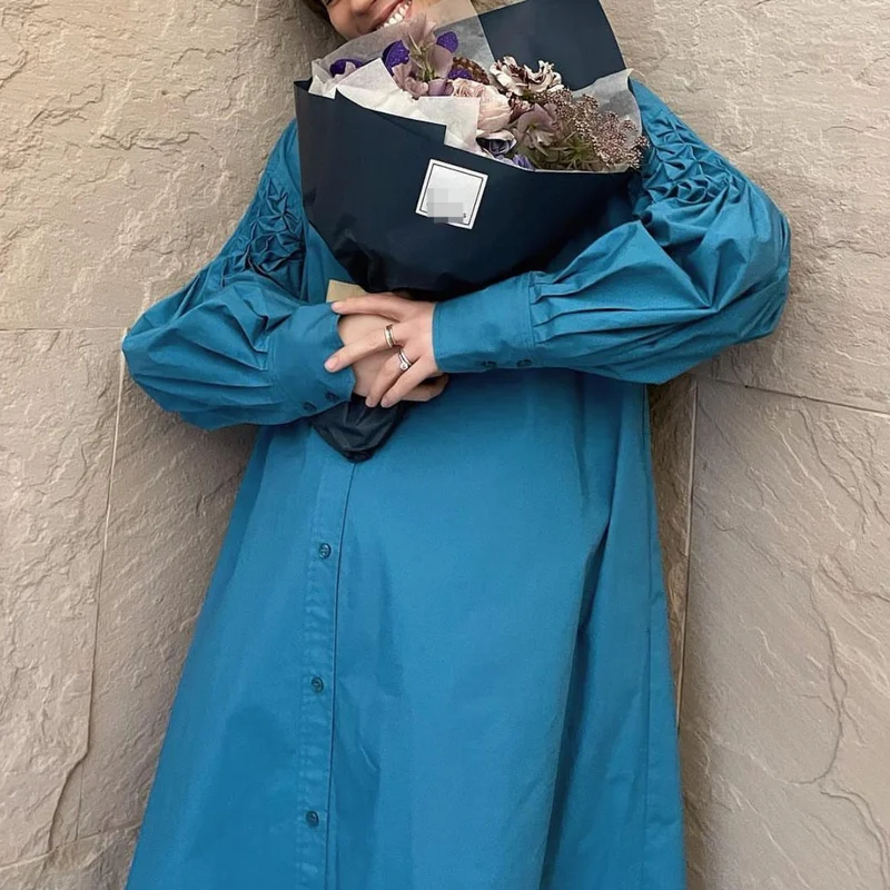 

CINESSD High Quality New Japanese Dresses Palace Style Artistic Robe Malachite Blue Round Neck Argyle Sleeve Button Vestidos