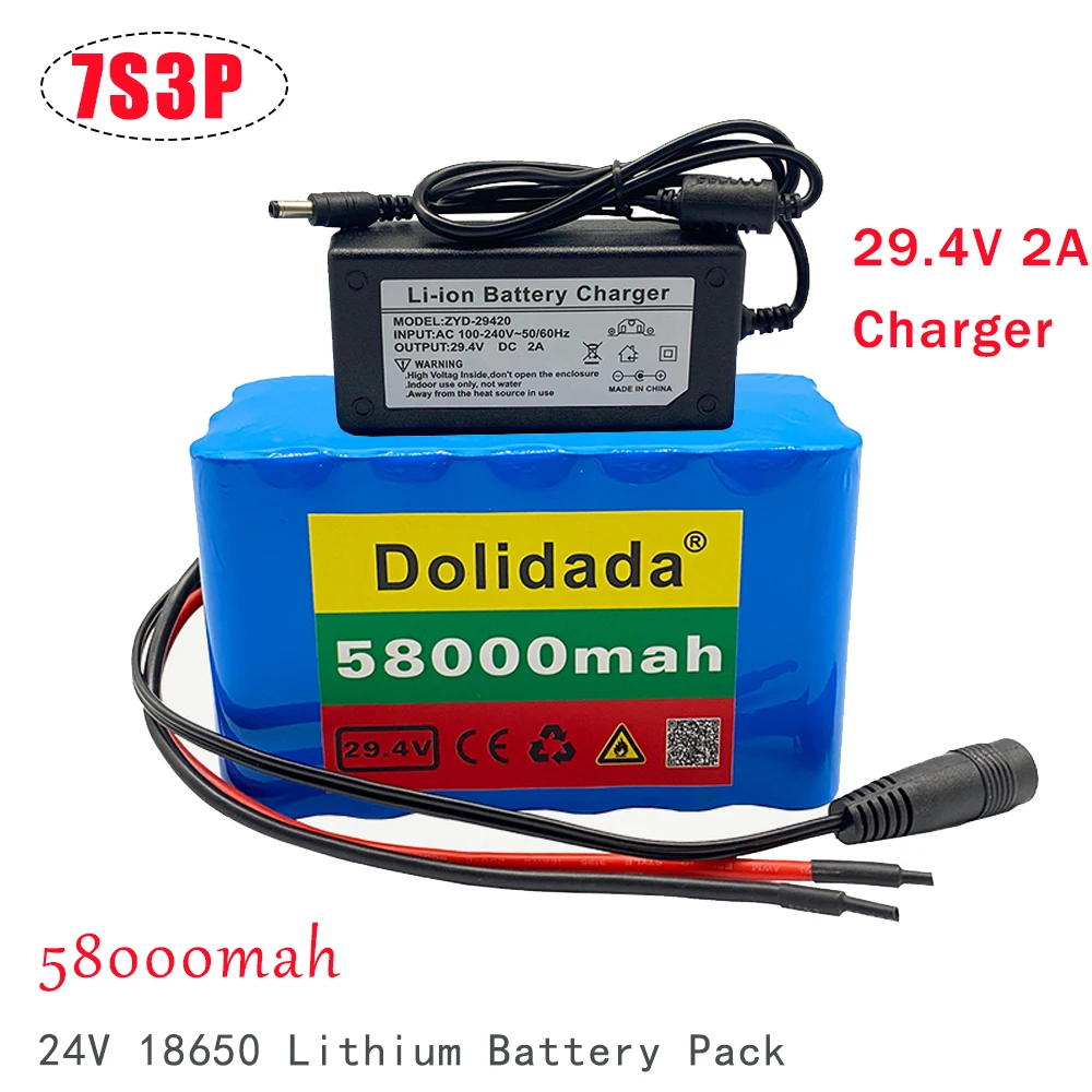 

24V 58Ah 7S3P 18650 Battery Pack Lithium Rechargeable 29.4V 58000mah For Electric Bicycle Moped Li-ion Batterie + 2A Charger