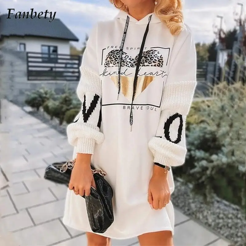 

Fashion Pattern Print Knitted Patchwork Long Sleeve Dress Women Elegant Loose Hooded Sweatshirt Dress Casual Loose Dress Vestido