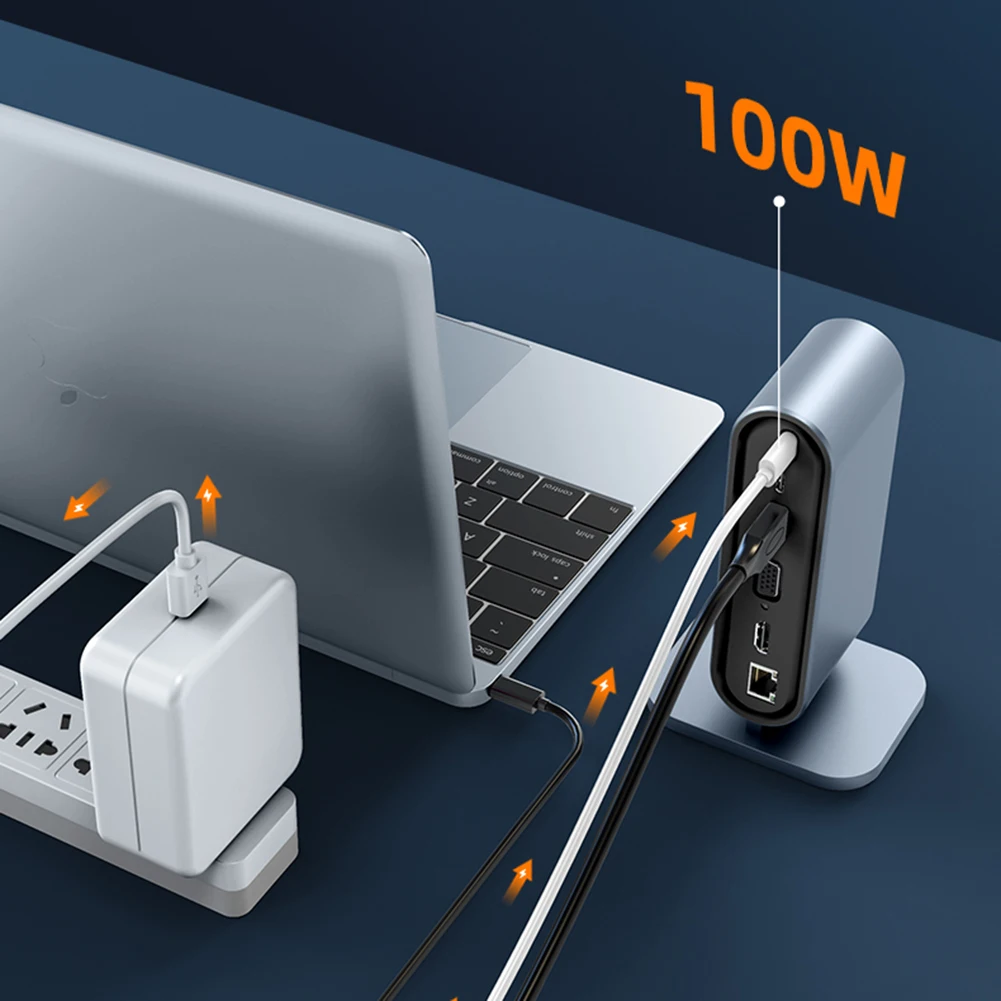 Фото Вертикальная док-станция 12-в-1, USB-концентратор типа C, разветвитель HDMI 4K30 Гц/LAN 100M/USB3.0, 5 Гбит/с/VGA 1080P/PD100W для ноутбука MacBook №4