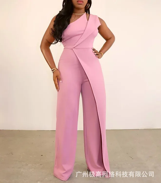 

women Patchwork One Shoulder Straight Leg Jumpsuit Women High Waist Solid Color Full Length Pants Jumpsuit Overall Summer