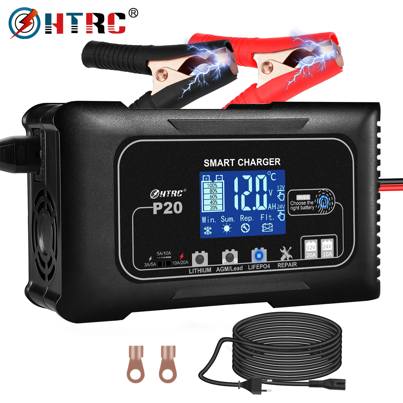 

HTRC 20A 12V-24V Smart Battery Charger for Car Motorcycle Battery Repair Auto Moto Lead Acid AGM GEL PB Lithium LiFePo4 Batteri