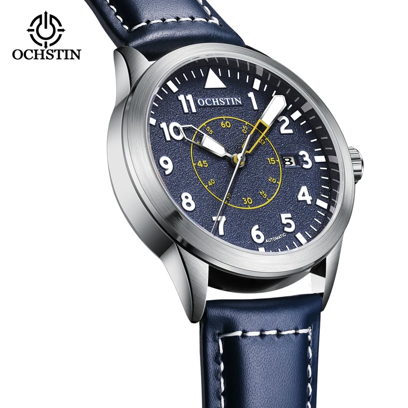 Часы мужские механические с синим циферблатом кожаным ремешком и календарем -