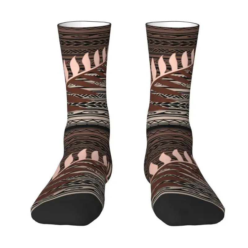 

Fun Mens Silver Fern Tribal Brown Dress Socks Unisex Comfortable Warm 3D Printing New Zealand Maori Crew Socks