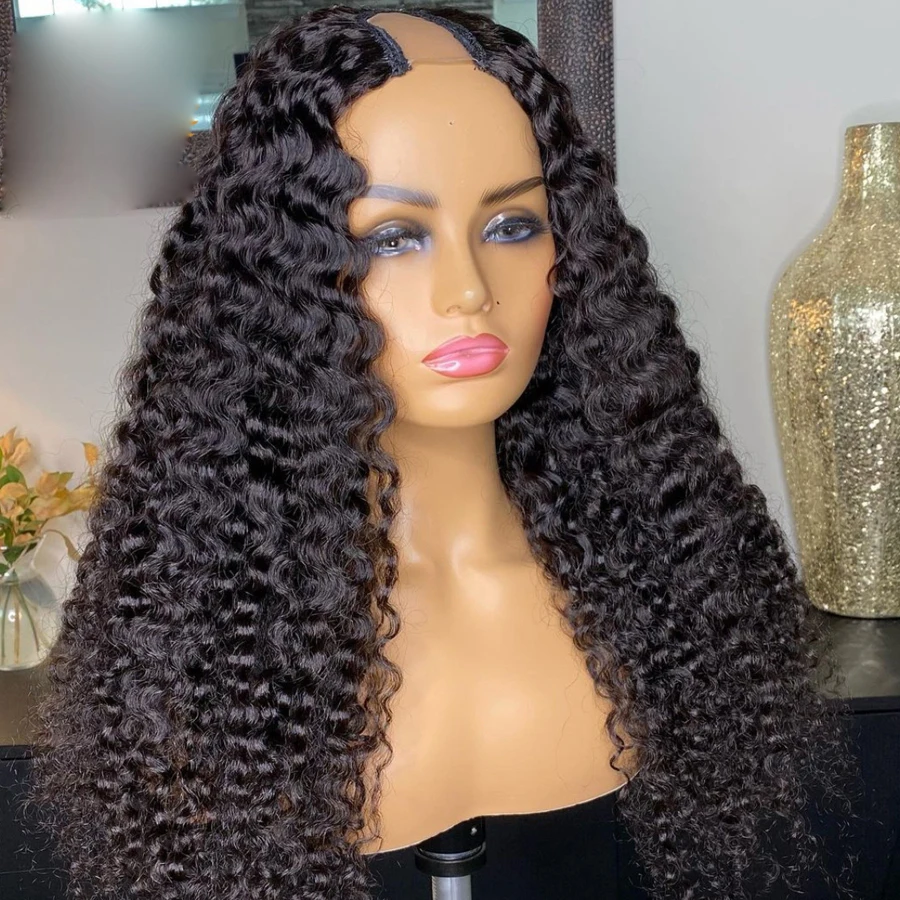 Soft 24 inch Natural Black Kinky Curly U Part Wig European Remy Human Hair Wigs Jewish Glueless For Black Women Daily Wear