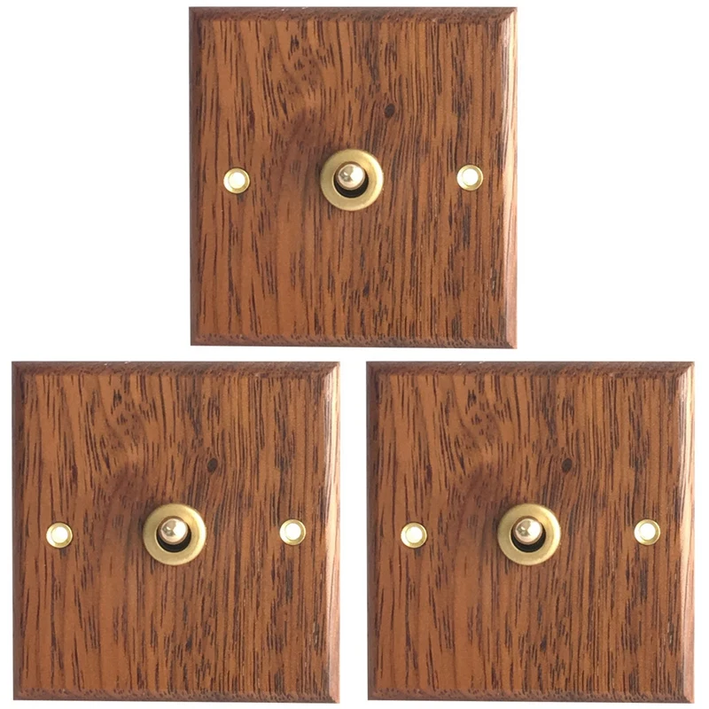 

3X 86 Type Solid Wood Panel Switch Wall Light Retro Brass Toggle Switch Wood Grain Electrical Switch Socket 1- Switch