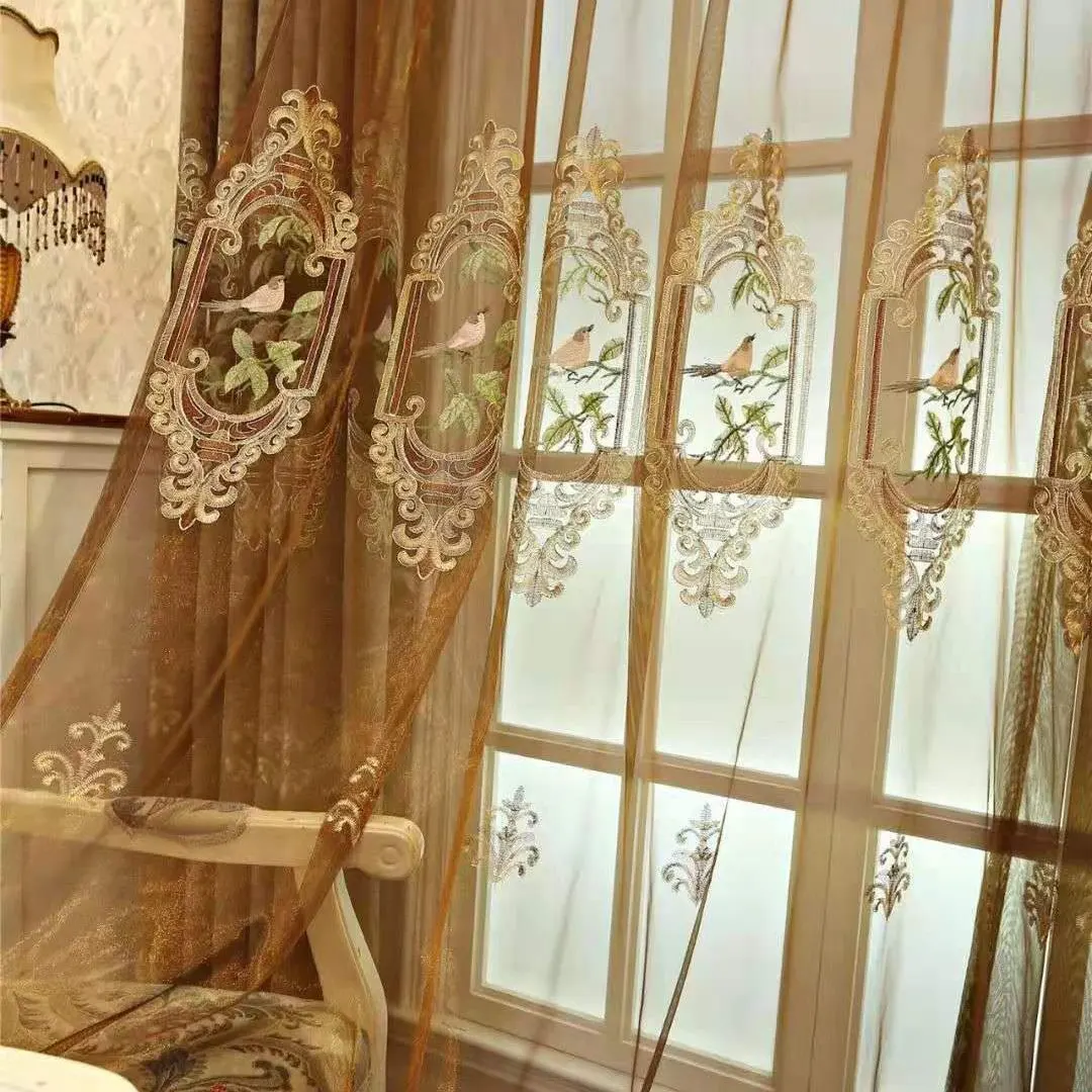 Роскошные вышитые занавески с птицами для гостиной комнаты - китайский классический шелковистый голубой коричневый оконный декор.
