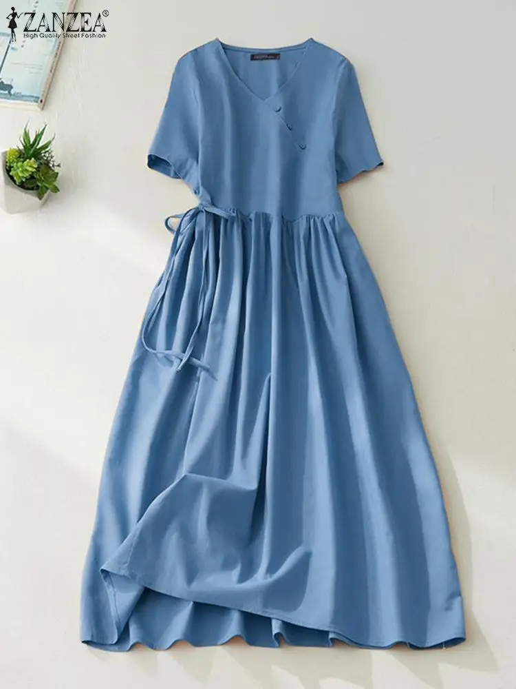 

Платье ZANZEA женское длинное ТРАПЕЦИЕВИДНОЕ на шнуровке, элегантное Плиссированное повседневное свободное однотонное Макси-платье с коротким рукавом и V-образным вырезом, на лето