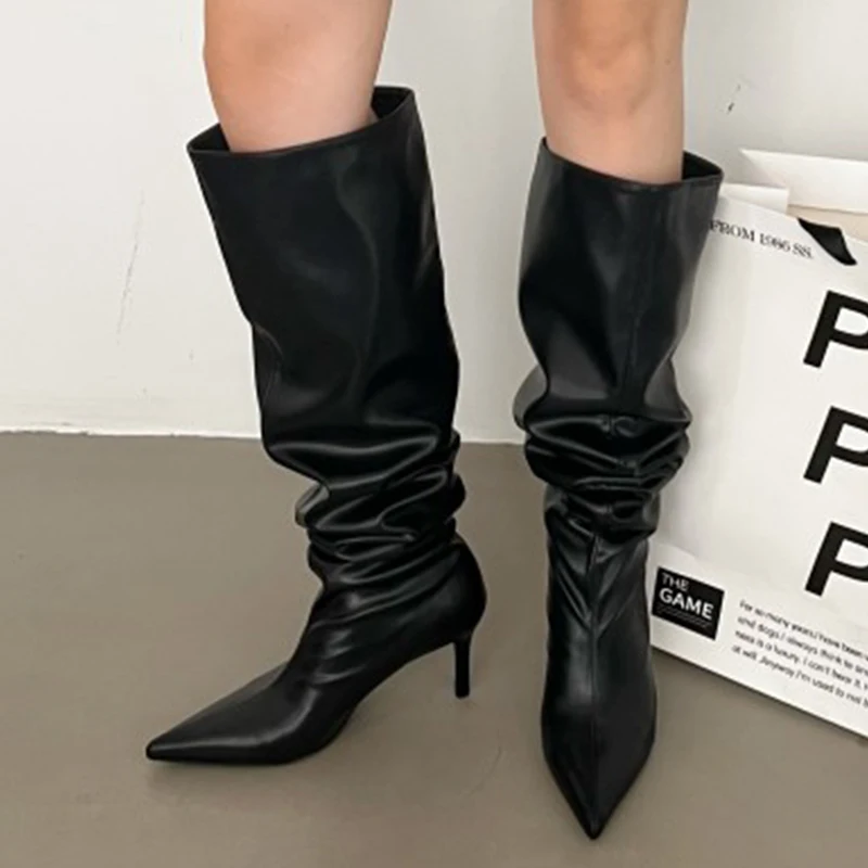

Женские Плиссированные сапоги до колена, черные сапоги на тонком каблуке, без застежки, с острым носком, обувь в западном стиле