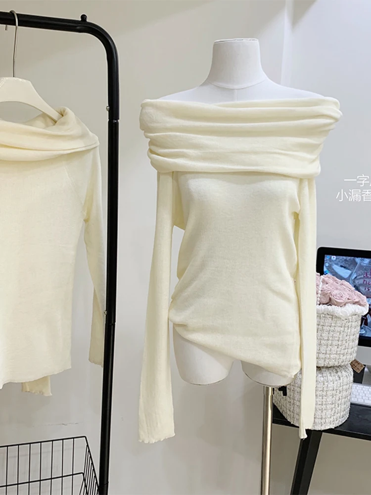 

Women Pleated Solid Color Slash Neck Knitwear 2022 Autumn New Off Shoulder Sweater Soft Cozy Knit Pullover French Style Vintage