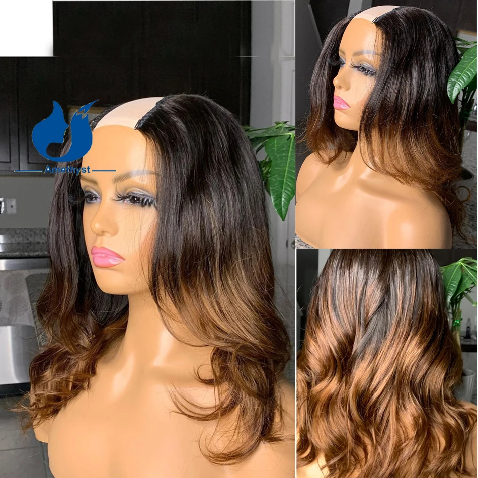 Amethyst Ombre Blonde Loose Wave 1x3 U Part Human Hair Wigs For Black Women Full Machine Wig Middle Part Glueless Remy U Shape