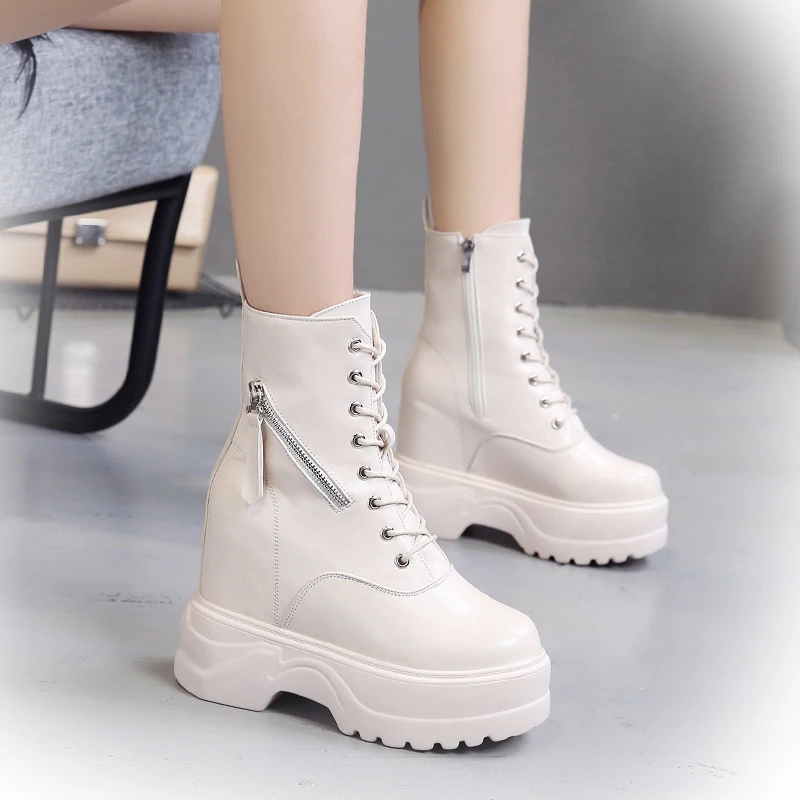 

New 2023 Women Autumn Ankle Boots Increase Platform Zipper Sneakers Woman Warm Fur Boots 11CM High Heels Winter Motorcycle Boots