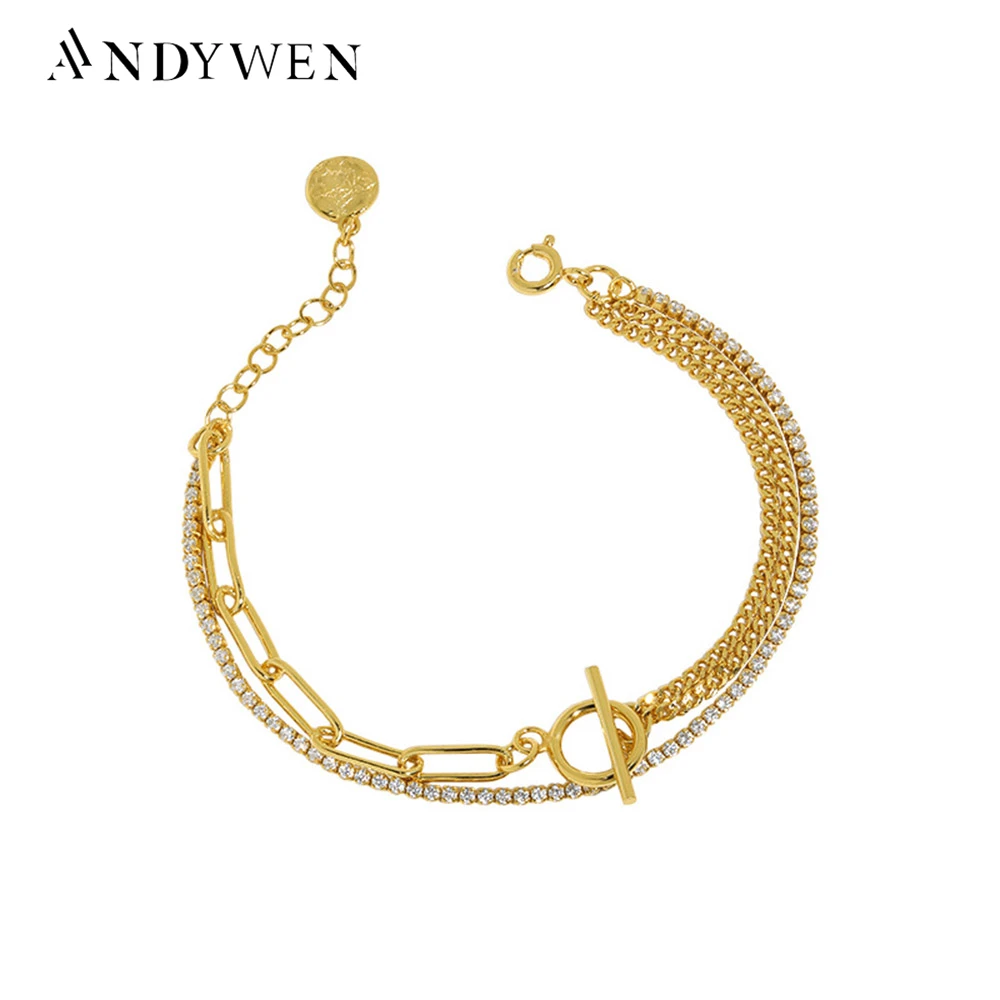 ANDYWEN New 925 Sterling Silver Gold Horoscope Three Chains Bracelet Women Luxury Jewelry Crystal Bangle Women Wedding Gift