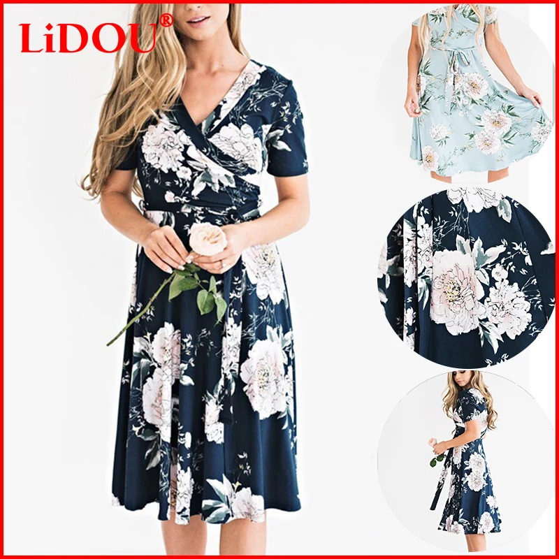 

2022 Aesthetic Summer Bohemian Floral Print Loose High Waist Women's Dress Casual Sundress Elegant Fashion Ruffle Women Dresses