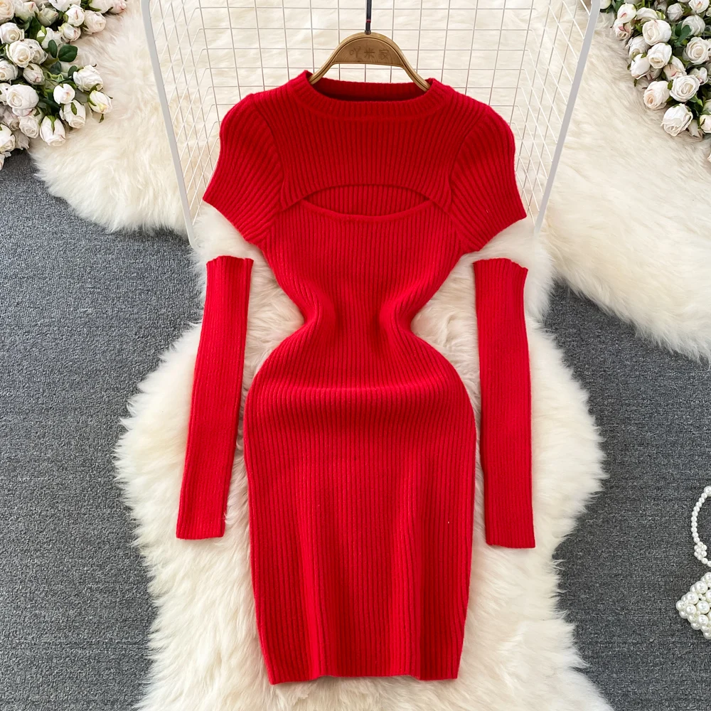 

Шикарное облегающее платье с перчатками, сексуальное женское трикотажное платье-карандаш с длинным рукавом в Корейском стиле, обтягивающе...