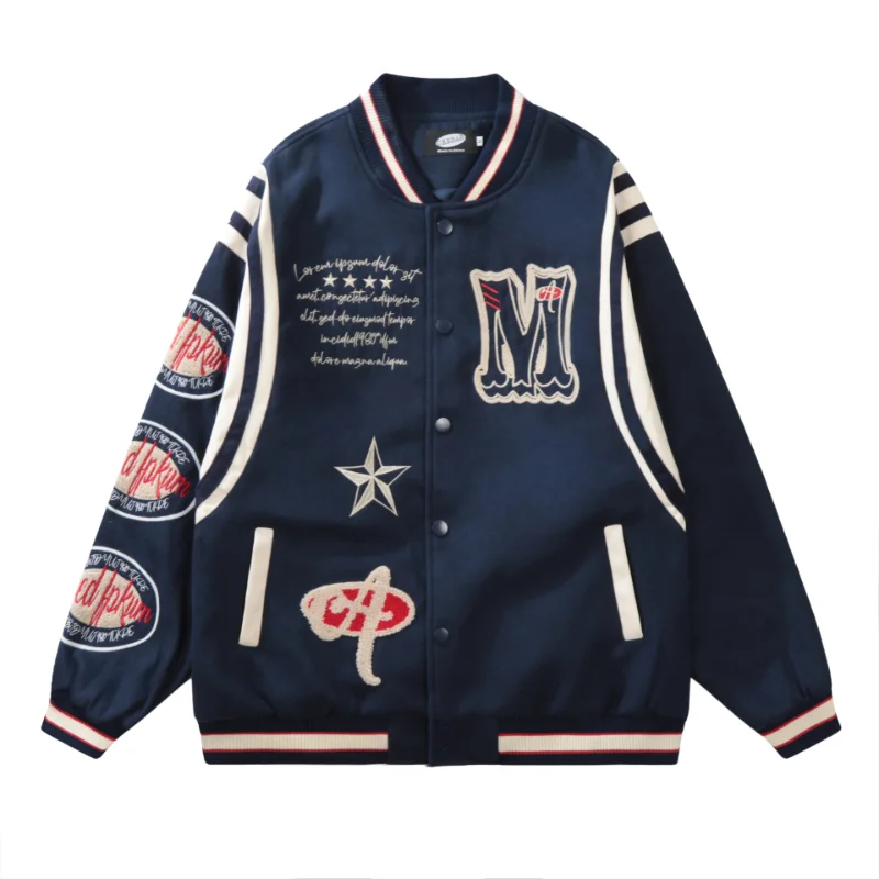 Vintage Heavy Industry Embroidery Baseball Jersey Men's Round Neck Single Breasted Casual Jacket Couple High Street Harajuku Top