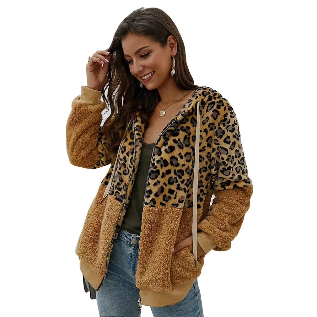 

Fashion Women Leopard Stitching Hodded Jacket Tops Winter Long Sleeve Jacket Coat Stitching Thermal Jacket
