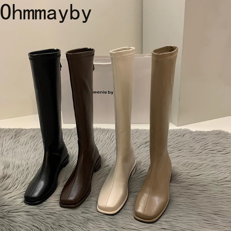 

2023 Women Square Low Heel Women Long Boots High Quality Soft Leather Ladies Knight Boots Casual Thigh Knee-high Boots