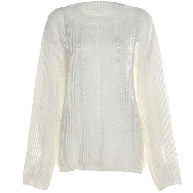 

Women Sexy Long Sleeve See Through Pullover T-Shirt Hollow Out Knitted Tassel Round Neck Loose Jumper Top Streetwear