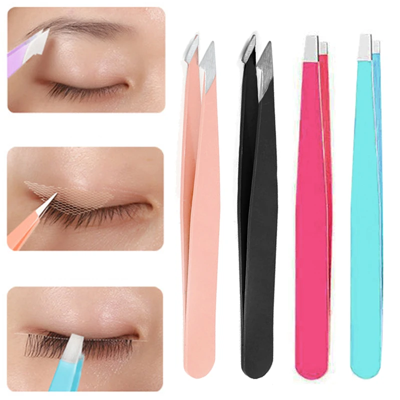 

1PC Stainless Steel Extension Eyelashes Tweezers Flat Slanted Makeup Eyebrow Pliers Clips Hair Removal Tweezer Beauty Tools