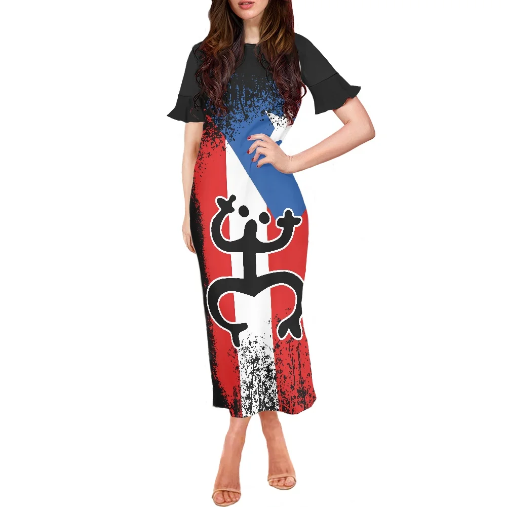 

Polynesian Tribe Short Sleeve O-neck Dresses Bodycon Funny Printed Fabric Ladies Maxi Dresses Women Casual Banquet Clothing