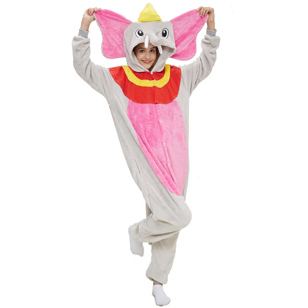 Fleece Cartoon Onesies For Adults One-Piece Pajama Sleepwear Winter Elephant Cosplay Costume Christmas Funny Pajamas Set